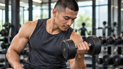 Pria berlatih dengan dumbel di gym