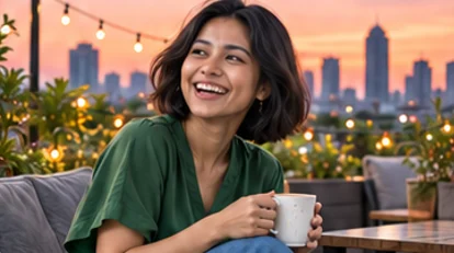 Perempuan minum kopi di teras