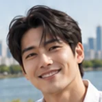 예시: 같은 남성이 야외에서 밝은 셔츠를 입은 사진